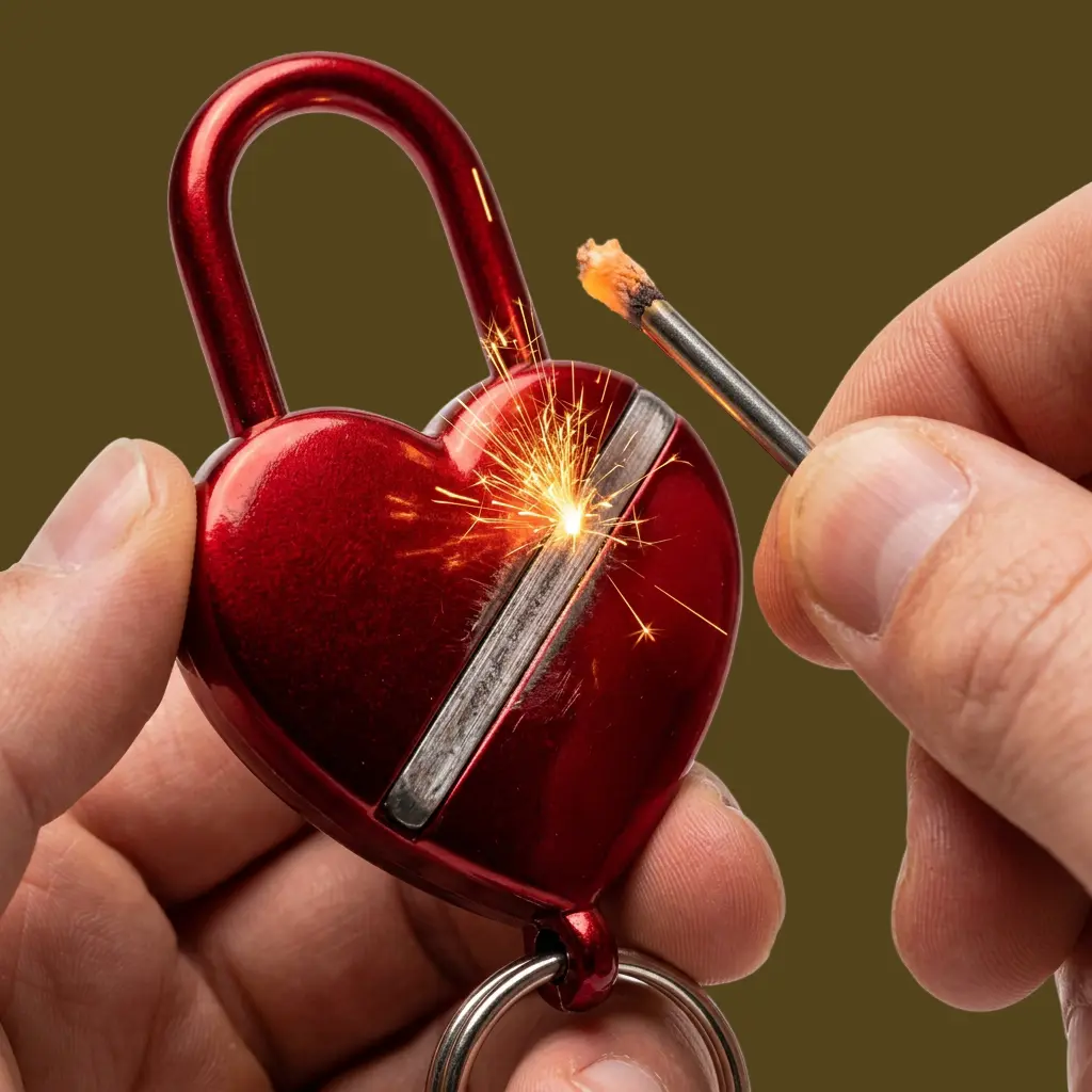 Hand striking flint on red heart padlock lighter creating bright sparks