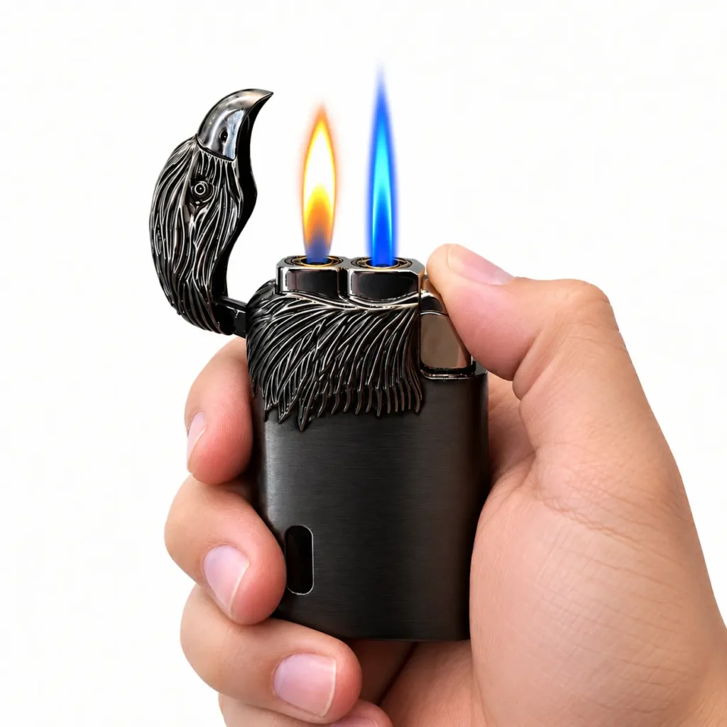 Eagle Head Lighter producing dual blue jet flames at the same time